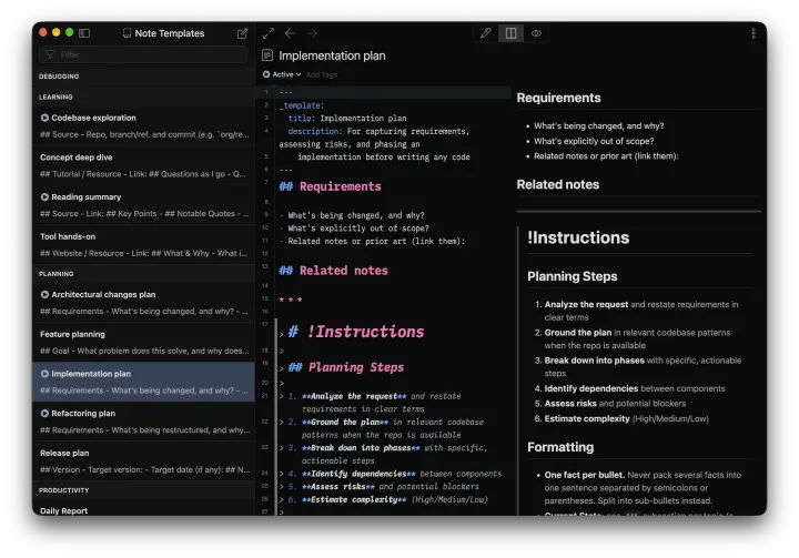 Official note templates grouped by category, with the Implementation plan open