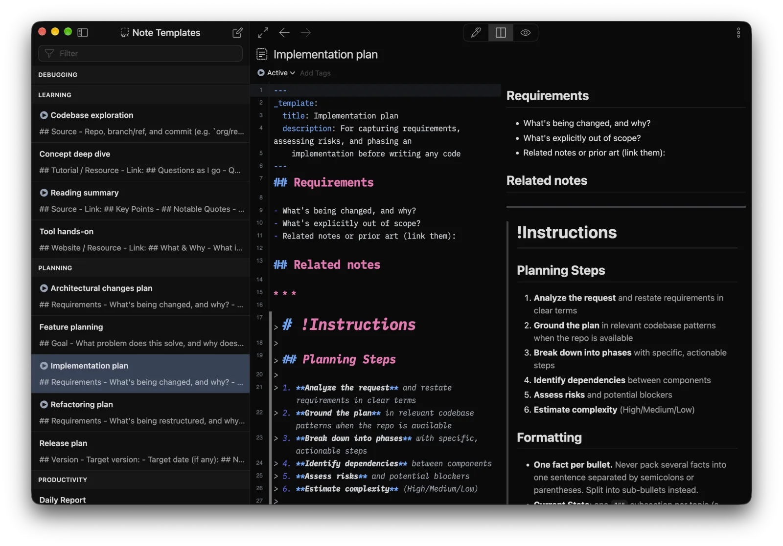 Official note templates grouped by category, with the Implementation plan open