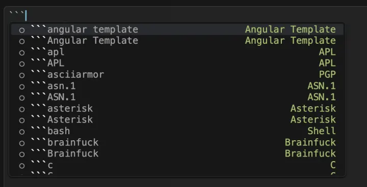 Language suggestions after typing three backticks