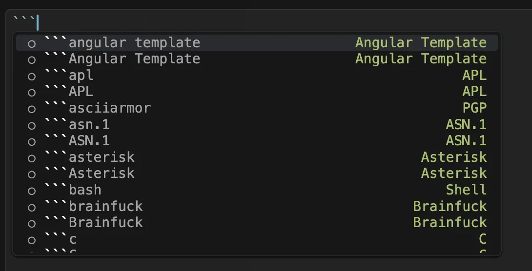 Language suggestions after typing three backticks