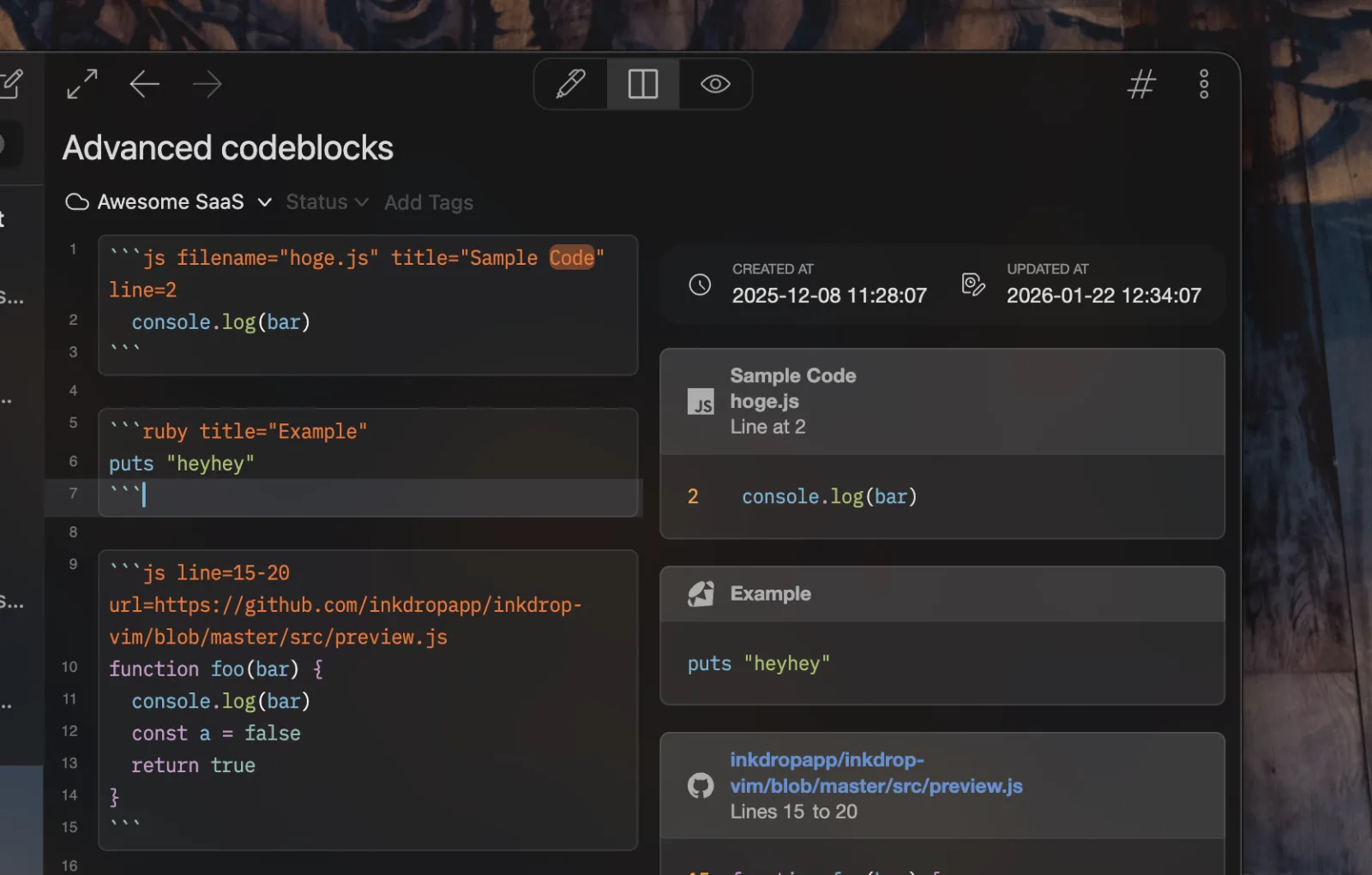 Code blocks with language icons in the preview