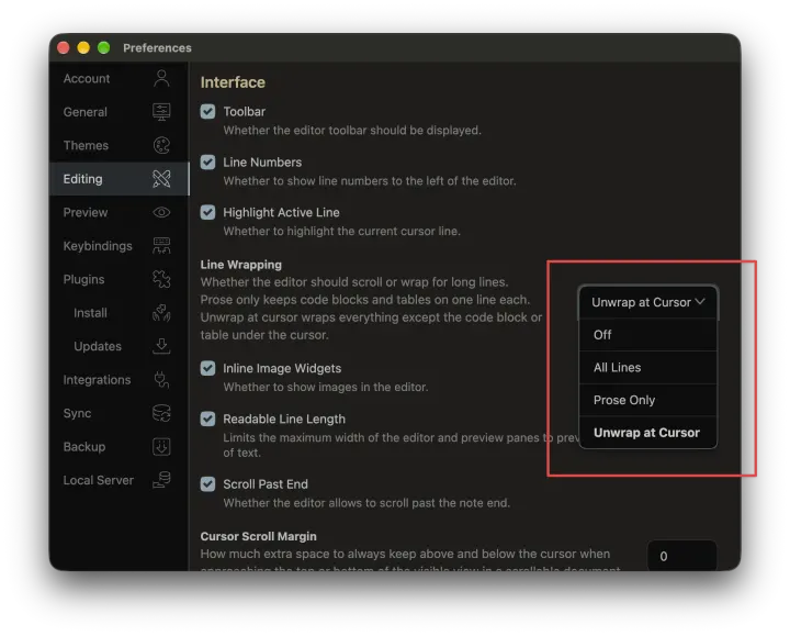 The line wrapping modes in Preferences