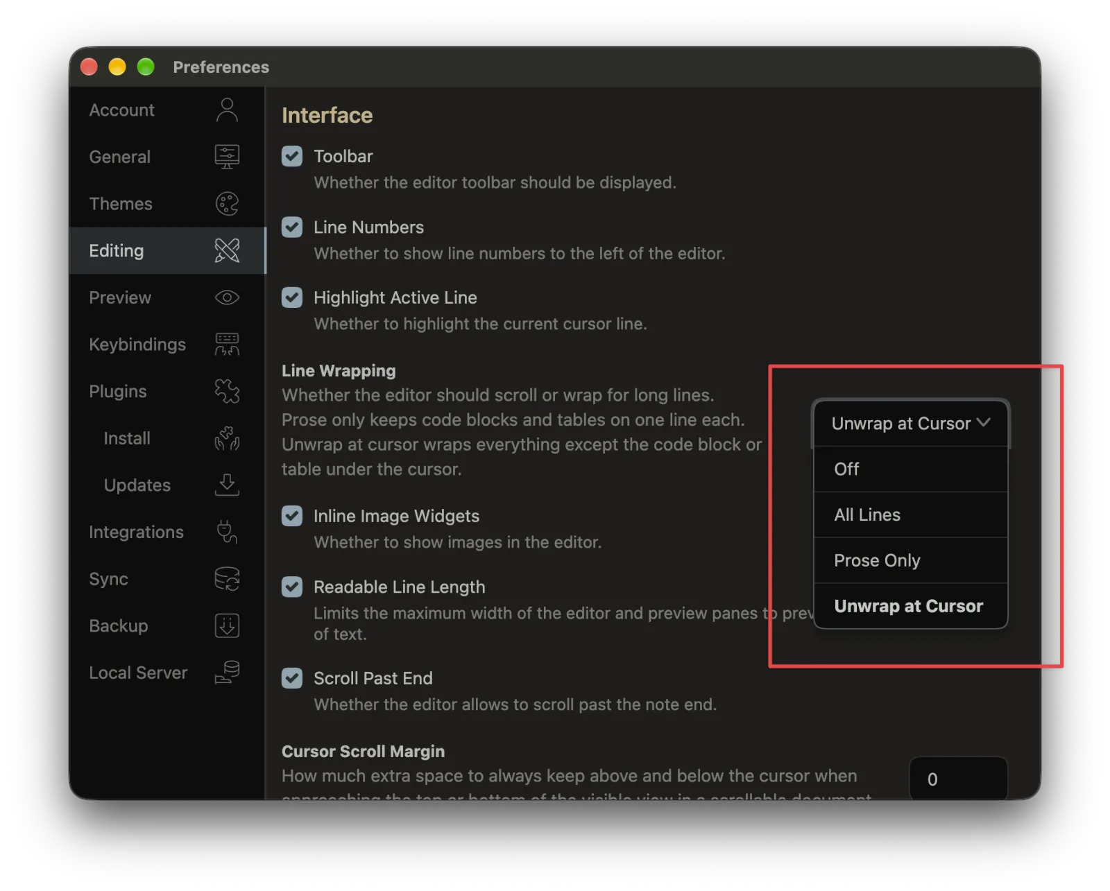 The line wrapping modes in Preferences