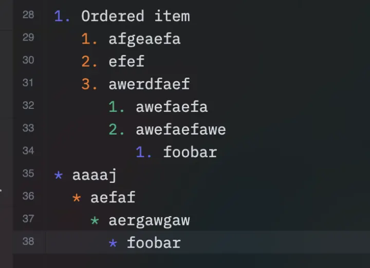 Nested list markers colored by level