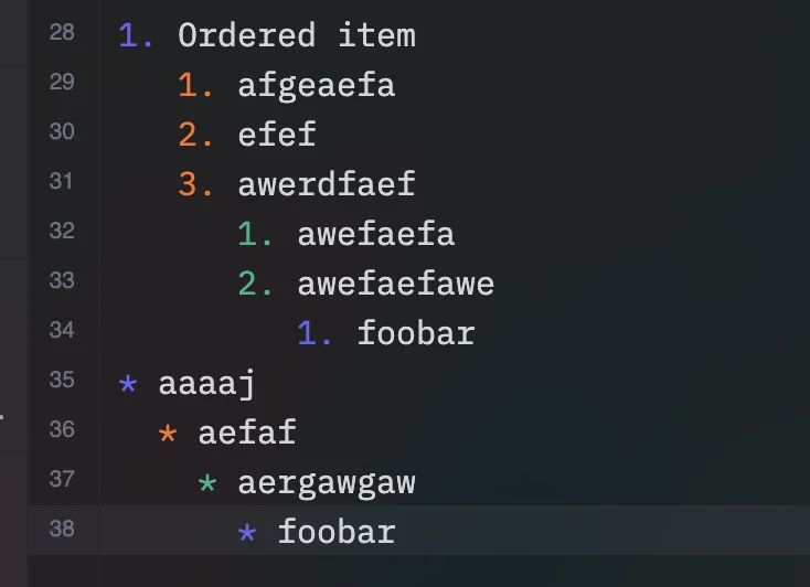 Nested list markers colored by level