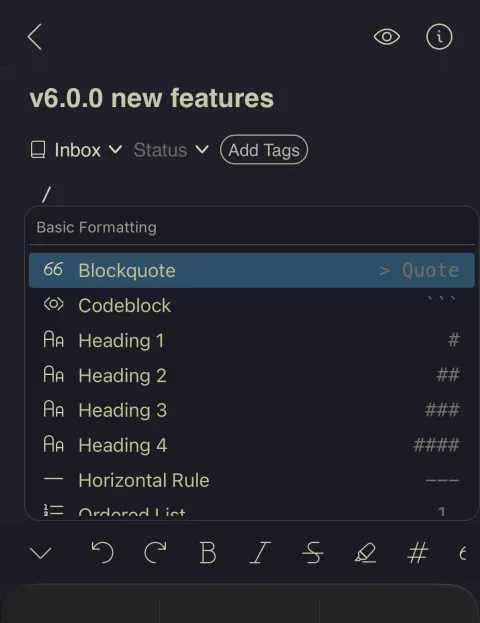 The slash command menu on mobile