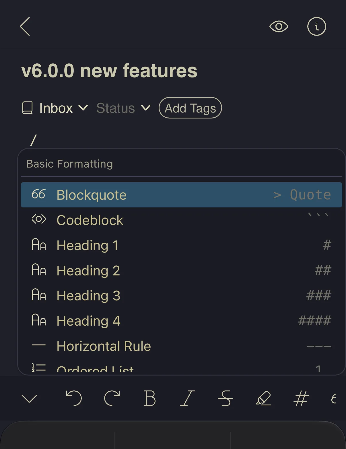 The slash command menu on mobile
