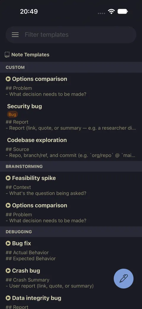 Note templates on mobile