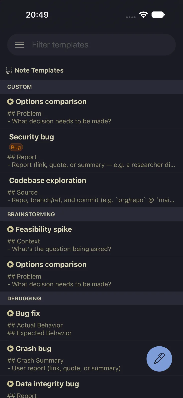 Note templates on mobile