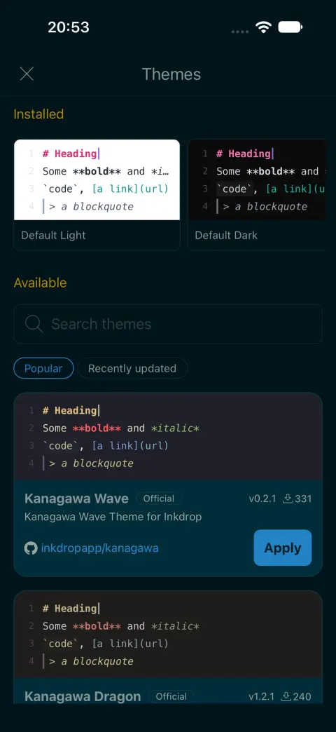 The theme picker on mobile
