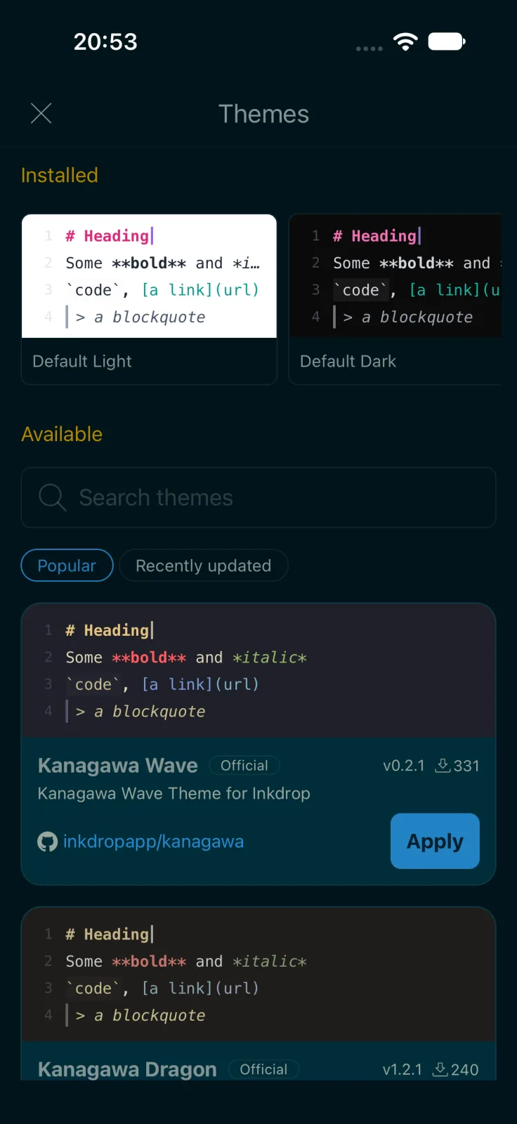 The theme picker on mobile