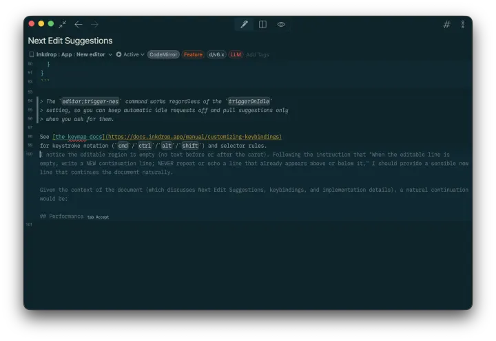A Next Edit Suggestion shown as ghost text
