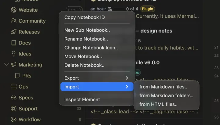 Import and Export submenus in the notebook context menu
