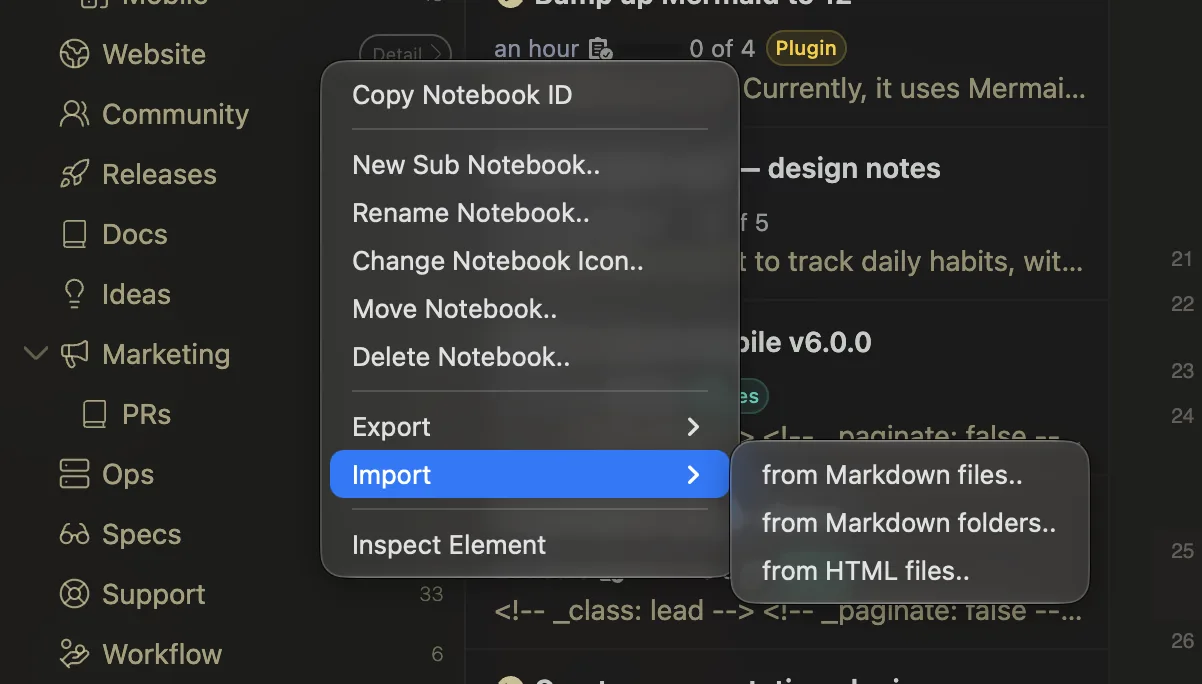 Import and Export submenus in the notebook context menu