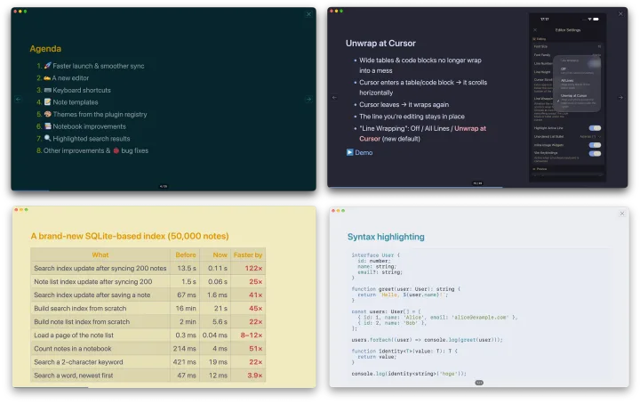 Notes presented as slides in four different Inkdrop themes