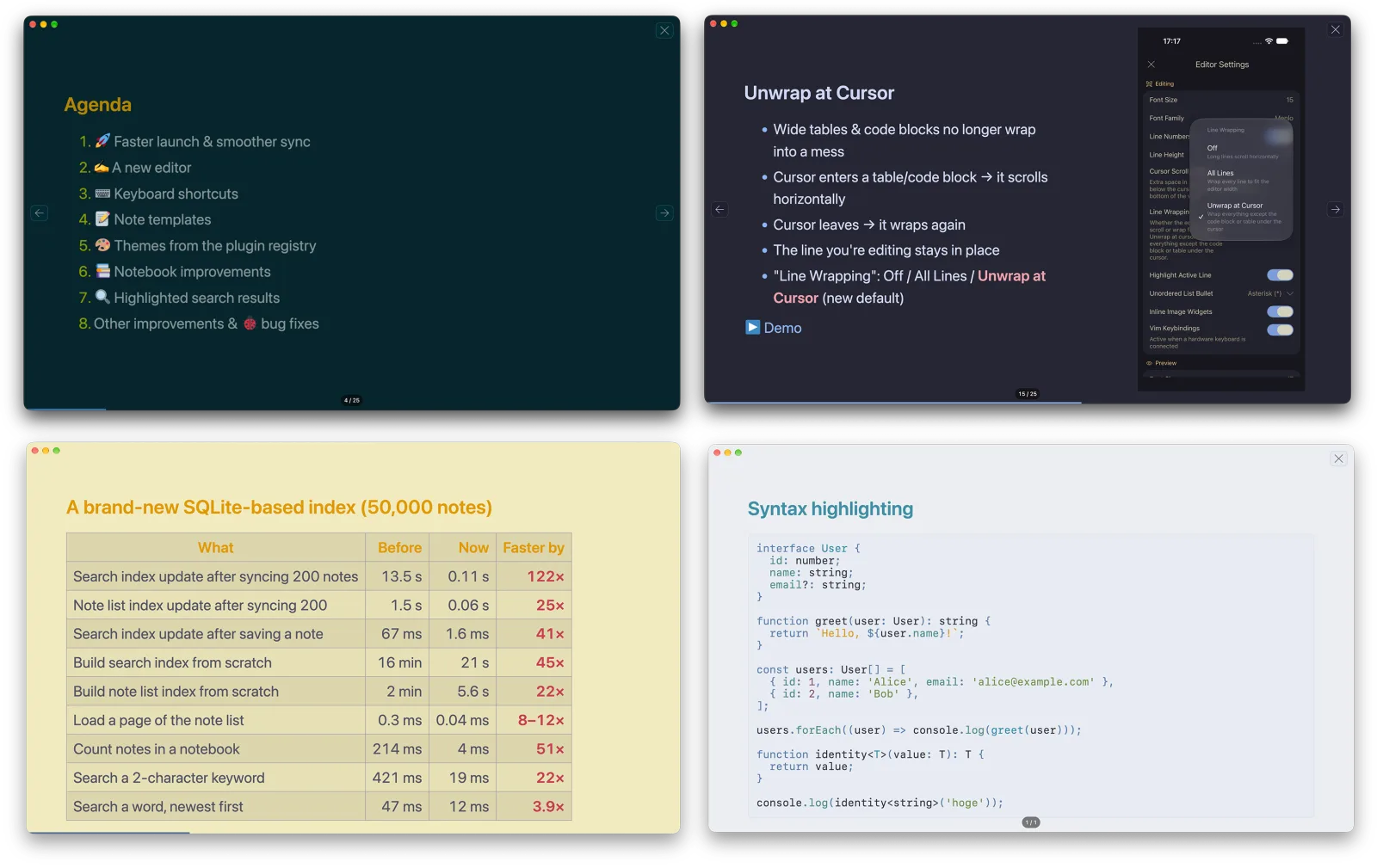 Notes presented as slides in four different Inkdrop themes