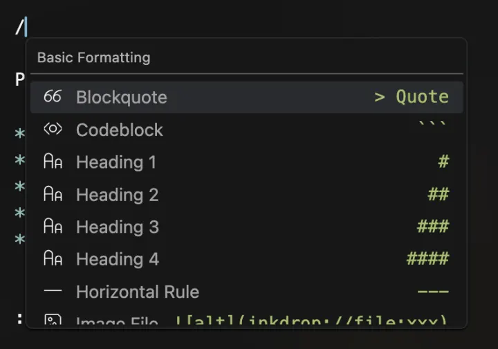 The slash command menu