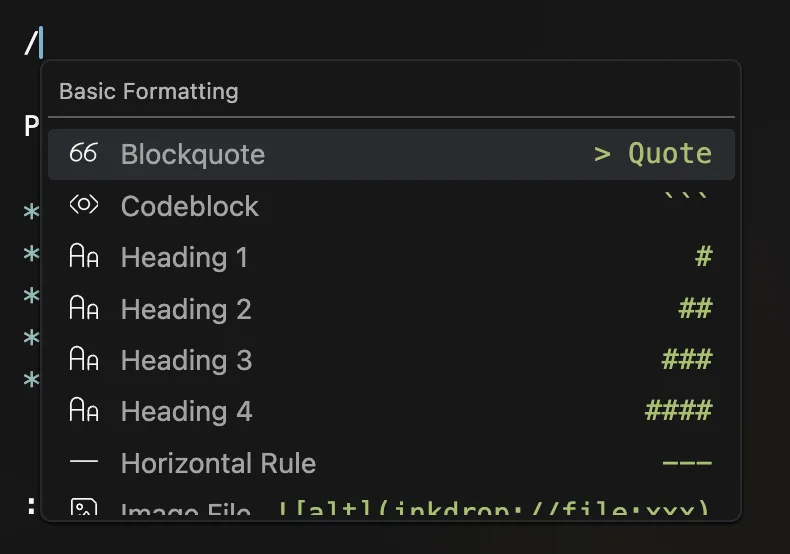 The slash command menu