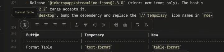 The table toolbar above a Markdown table row