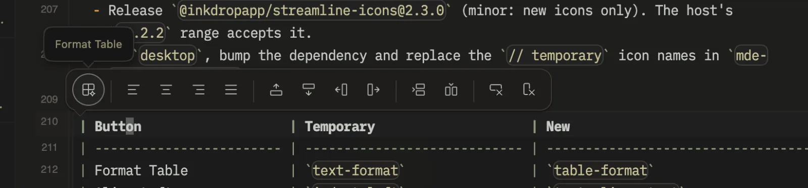 The table toolbar above a Markdown table row