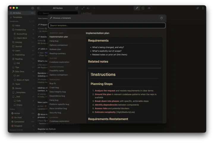 The template picker with a preview
