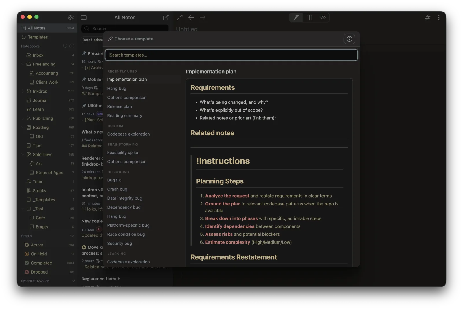 The template picker with a preview