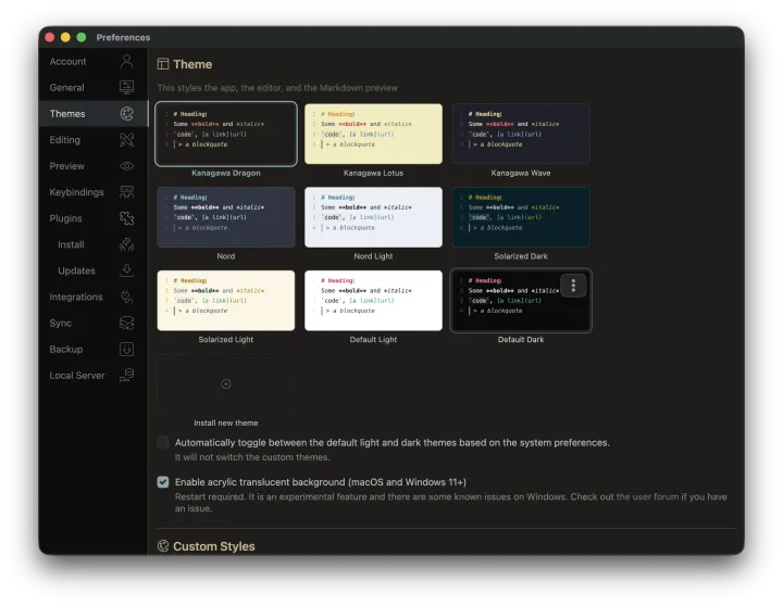 Theme preview cards in Preferences