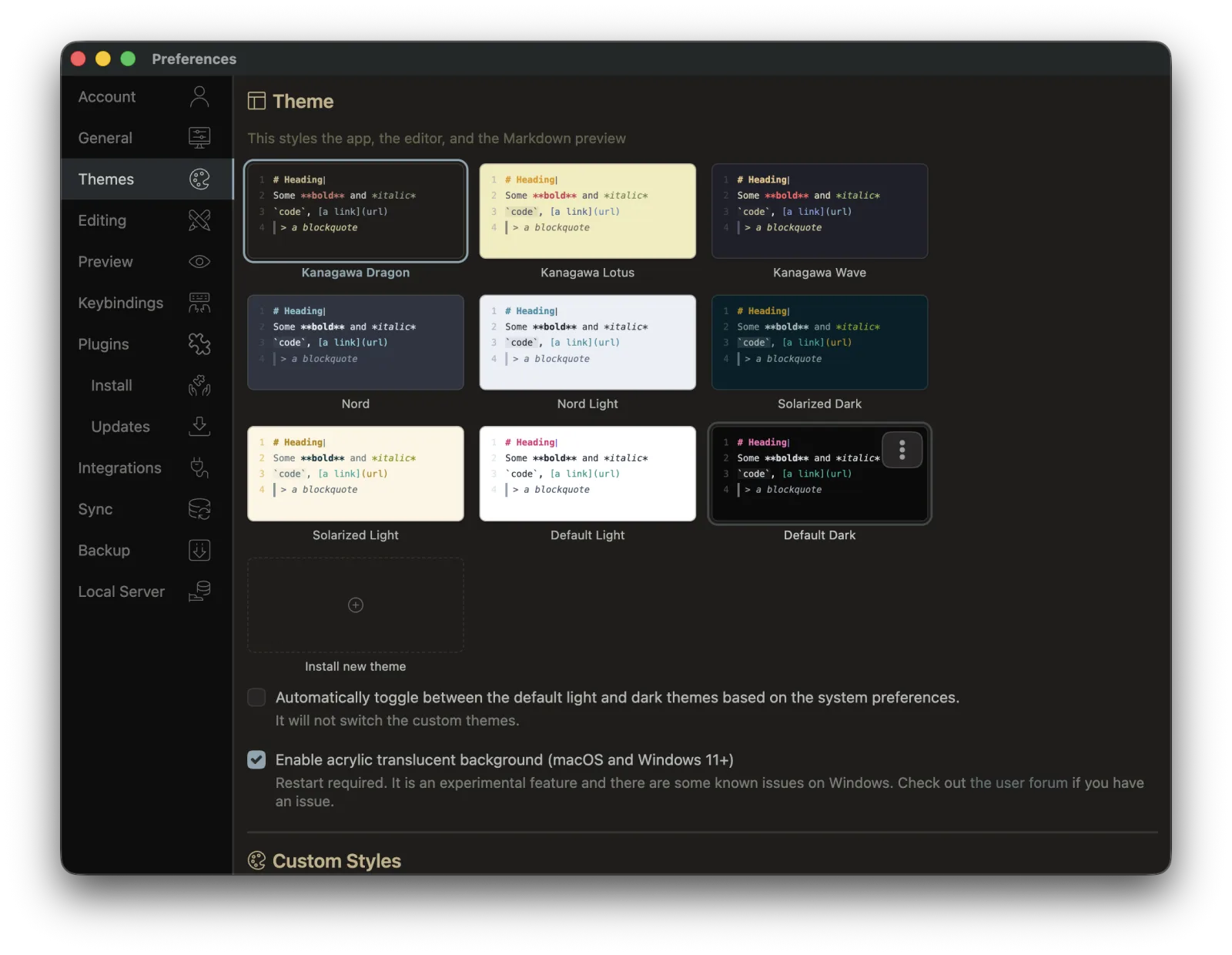 Theme preview cards in Preferences